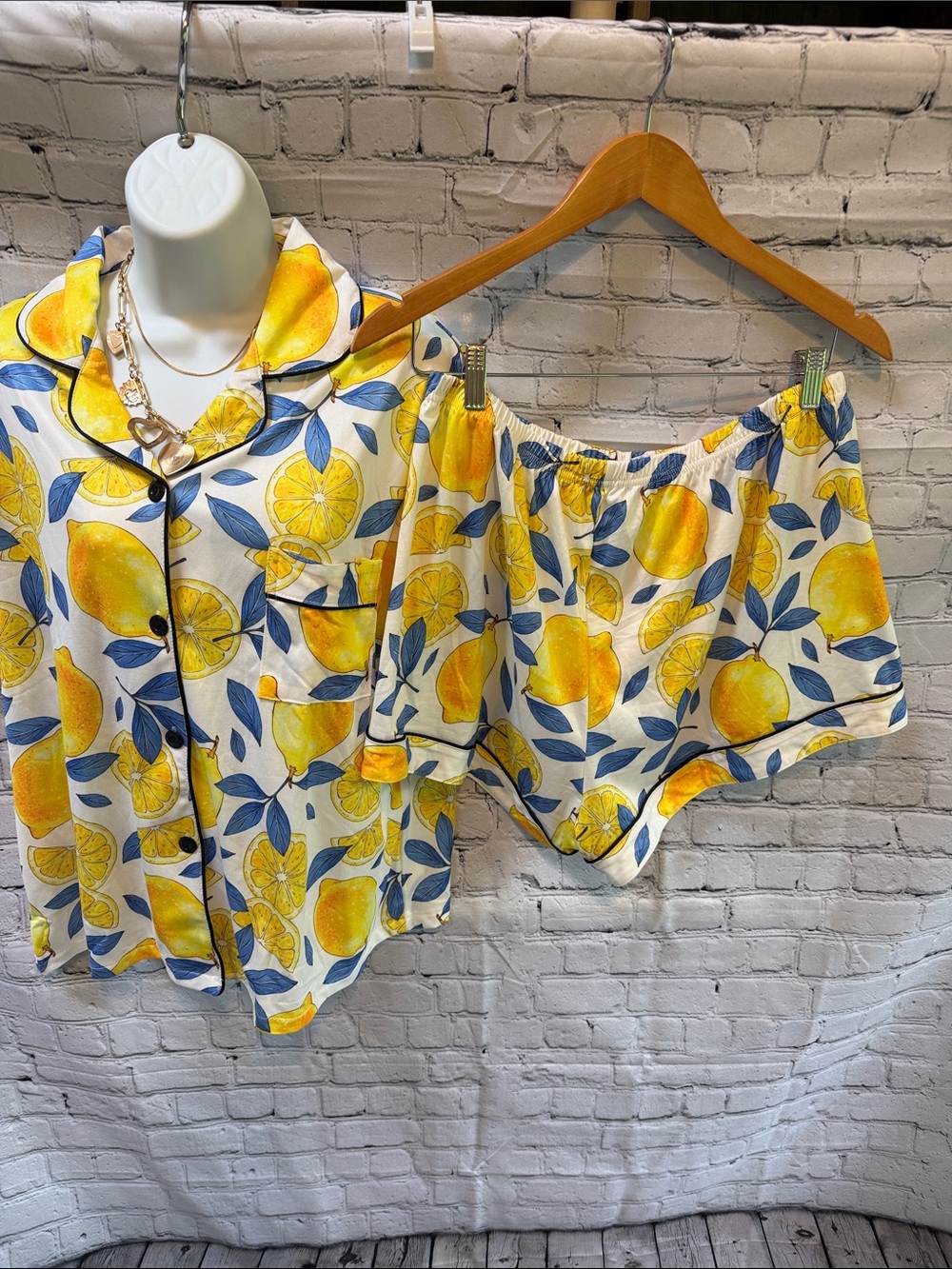 NEW Lemon-Print Short Sleeve Pajama Set in Yellow & Blue